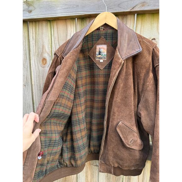 Vintage Suede Bomber Jacket Leather Collar Plaid Lining Brown Size M - Picture 7 of 10